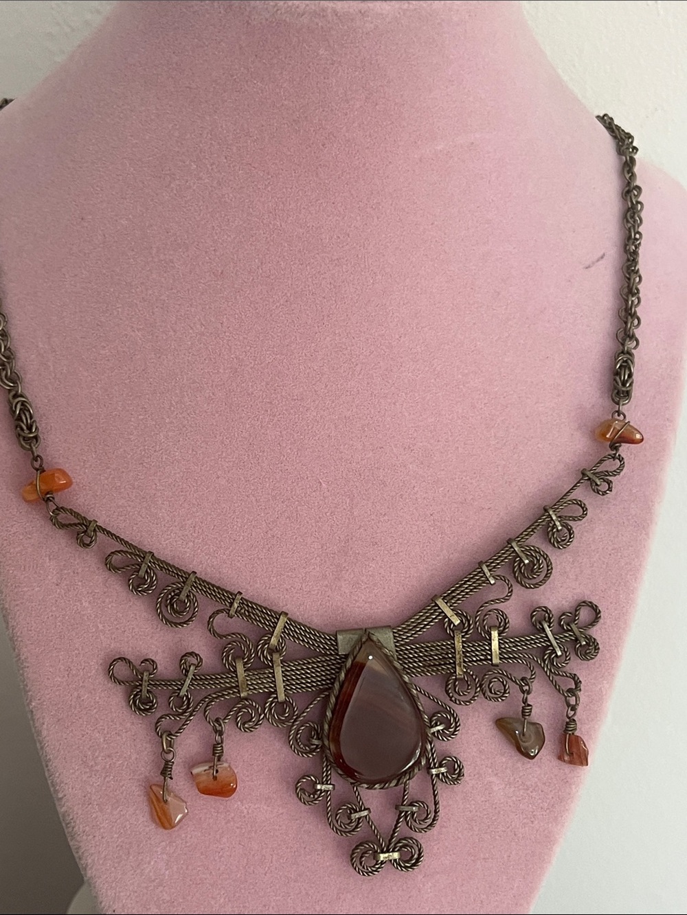 Silver alpaca Teardrop Carnelian Pendant Necklace - Brown